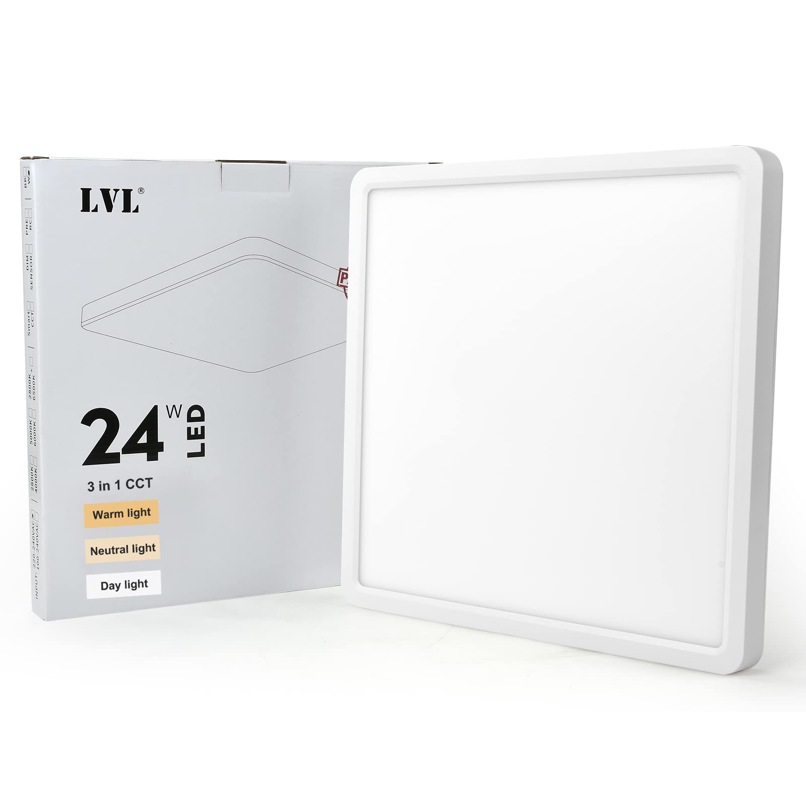 LVL LED Square Panel Light, 24W 30x30, CCT 3 Colors, Flush Mount Led Ceiling Light for Kitchen, Bedroom, Living Room, Hallway, Corridor, Utility Room, Office (White, 30cm-24W)