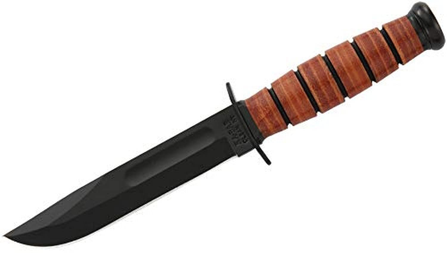 KA-BAR Corto U.S.M.C. Cuchillo de hoja fija 5.25 Clip Point 1095 Cro-Van Hoja con recubrimiento en polvo negro Mango de cuero apilado Negro/Marrón