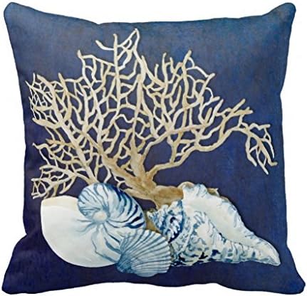 Indigo Ocean Coral Seashells Nautical Beach House Pillow Case 18" * 18"