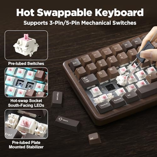 YUNZII WOOD84 Wireless Gaming Mechanical Keyboard 75% in Wood, Bluetooth/2.4G/USB-C, RGB Backlight, Tray, Hot-Swap with PBT Keys for Mac/PC, QWERTY (Candy)