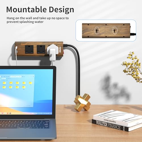 TOPREK Wood Grain 3 Way Extension Lead with USB Slots, Surge Protection, ON/OFF Switch, 13A/3250W, Extension Cable 2M for Home Kitchen Office
