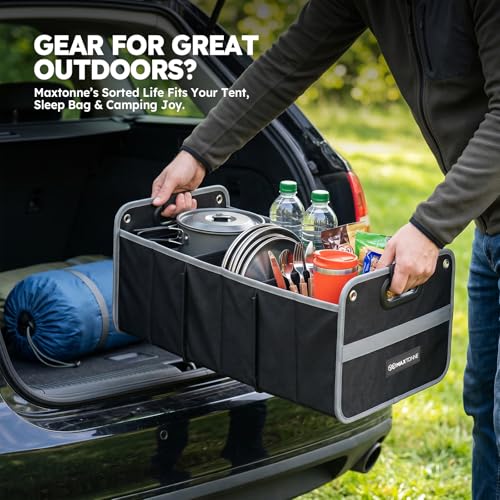 Maxtonne Car Boot Organiser, Heavy-Duty 600D Oxford Collapsible Storage Box with 3- Compartments & Securing Straps, Foldable Tidy for SUV/Hatchback/Estate Car (50L)