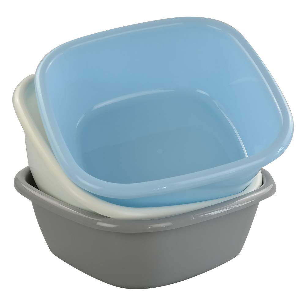 Annkky 3-Pack Small Washing Basin, 12'' Square Plastic Washing up Bowl, Blue Gray Beige
