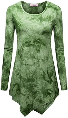 Jubby Women's Tie Dye Handkerchief Hem Long Sleeve Round Neck Tunic Top Small Green