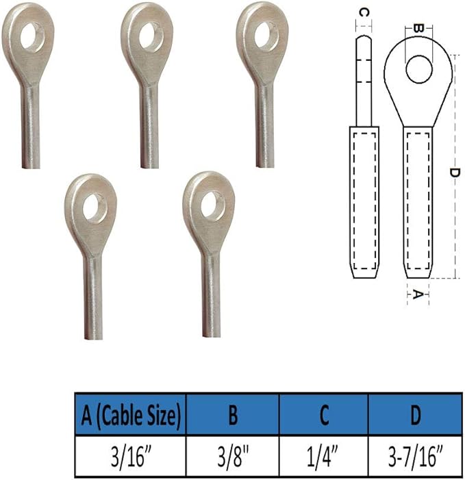 5 PC Swage Eye Terminal End for 3/16" Wire Rope Solid