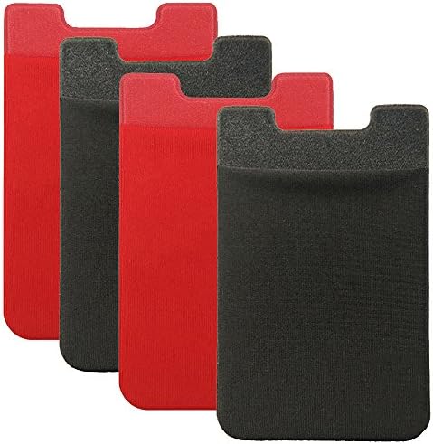 Cell Phone Wallet Case Sticker Ultra Slim Flexible Self Adhesive Credit Card Holder Stick-On Stretchy Lycra Pouch Pocket Universal for Smart Phones (4-Pack. Black, Red)