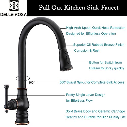 Kitchen Faucet,Delle Rosa Lead Free Brass Kitchen Faucet,High Arc 360 Degree Swivel Kitchen Faucet, Pre-rinse Kitchen Faucet with Pull Down Sprayer Oil Rubbed Bronze
