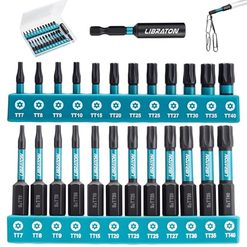LIBRATON 25 x Torx Security Bits (T7-T40), Tamper Proof Screwdriver Bit, S2 Screw Bits with Magnetic Ends (1" and 2"), Magnetic Bit Holder and Storage Box