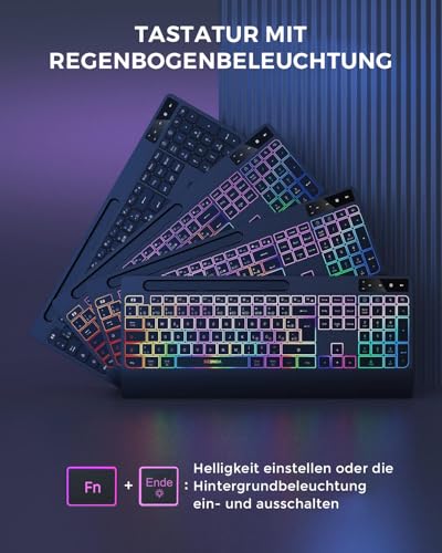 seenda JPX006 Wireless Illuminated Keyboard Mouse Set with USB-A & USB-C Port, Rechargeable, Ergonomic with Mobile Phone Holder & Wrist Rest, Quiet Keys for PC & Mac - QWERTZ Layout