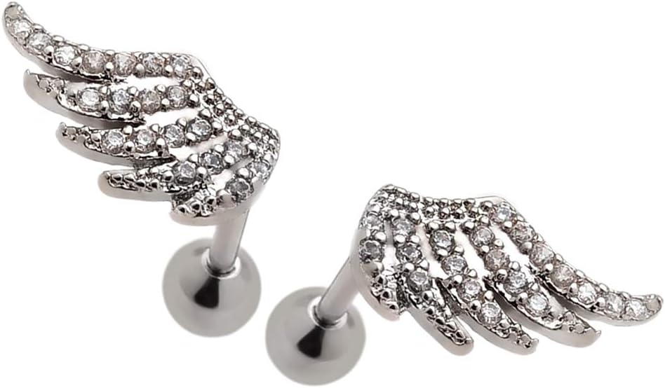 Mutreso 16G Rhinestone Angle Wing Upper Ear Cartilage Helix Studs Earrings Lobe Piercings 16 Gauges 1/4" Bar White (1 Pair)