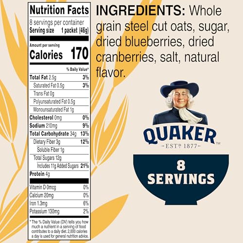 QUAKER, INSTANT STEEL CUT OATMEAL, CRANBERRIES AND BLUEBERRIES, 8 CT