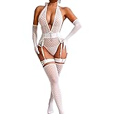 ChiaoLezhee Sheer Mesh Bodysuit, Sexy 5PC Lingerie For Women, Plunge Neck Halter Backless, Garter Belt Thigh High Stockings