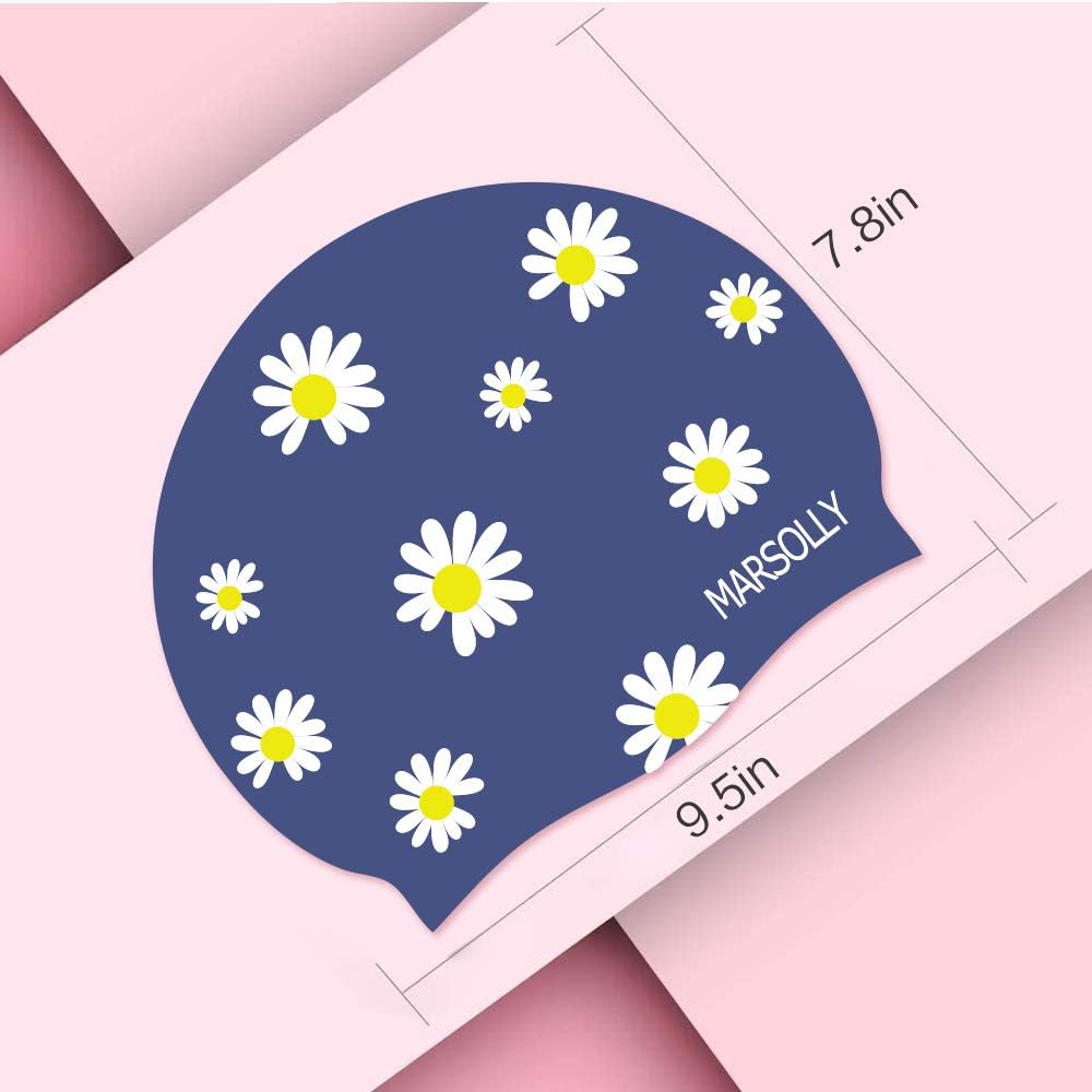 Marsolly Silicone Swim Cap for Women, Waterproof Long Hair Swimming Caps with Flower Printed : Sports & Outdoors