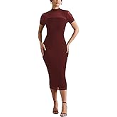Women's Casual Mesh Elastic Double Layer Mock Neck Short Sleeve Keyhole Back Slit Midi Bodycon Dress