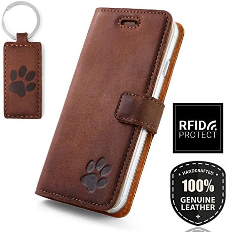 SURAZO® for Apple – RFID - Dog Paw - Premium Phone cover Handcrafted in EU - Wallet flip case made of Top Grain leather - Free Leather Keychain - Chestnut Brown (iPhone 5 / 5s / SE)