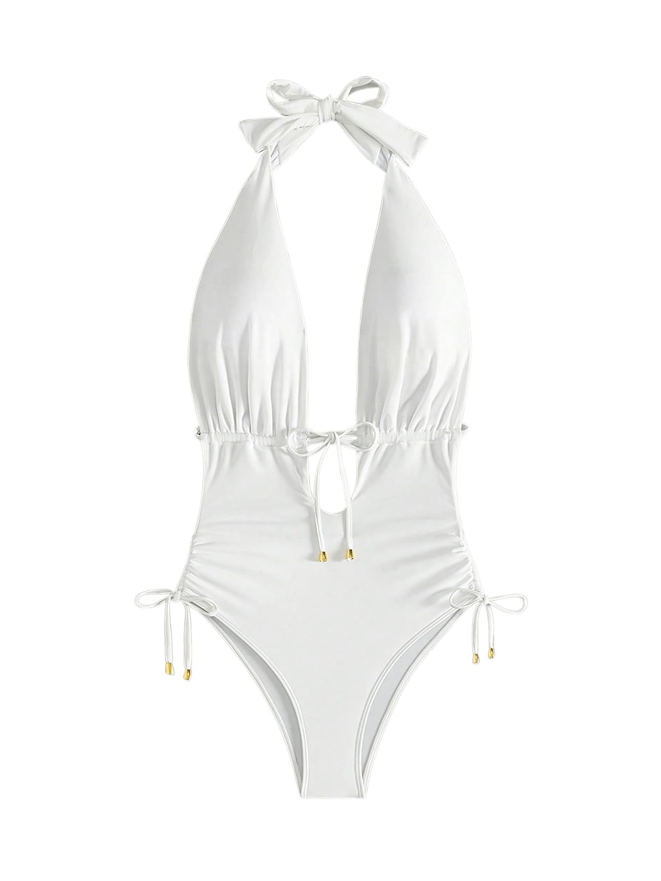 Photo 1 of WDIRARA Women's Tie Front Sleeveless Halter One Piece Swimsuit Ruched V Neck Backless Swimwear White Small