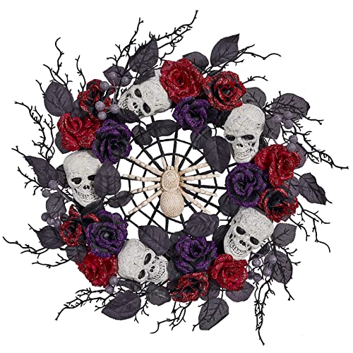 Vofuly 22inch Halloween Wreath for Front Door, Halloween Decor with Spider,Skulls and Rose for Indoor Outdoor Party Decor,Front Door Wall Wreath Ornaments Decorations,22 inch