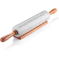 Flexzion White Marble Rolling Pin, 10-inch with Wooden Handle and Holder Base Stand, Marble Rolling Pin for Baking Pastry Piz