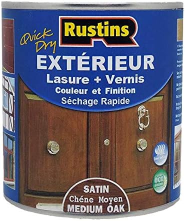 Rustins Quick Dry Outdoor Wood Stain Satin Medium Oak 1ltr- Durable and Weather-Resistant Finish, Fast Drying