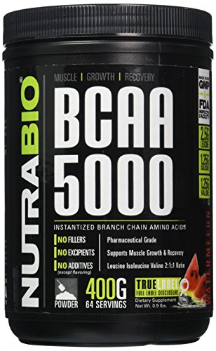 NutraBio BCAA 5000 Powder - 400 Grams - WATERMELON - 100% Pure Branched Chain Amino Acids - HPLC Tested.