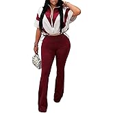 KANSOON 2 Piece Sets For Women Summer Color Block Zipper Short Sleeve Crop Top And Flare Pants Y2k Matching Outfits