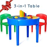 Kids 3-in-1 Multi Activity Table Set - 25 Pieces Jumbo Blocks Compatible Bricks Toy, Play Table Includes 2 Chair and Building Block Table with Storage