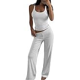 CHICME Women's 2 Piece Lounge Set U Neck Ribbed Knit Tank Top Pj Loungewear Casual Wide Leg Pants Comfy Matching Sets