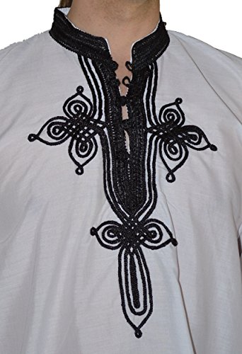 Marrakesh Men Tunic Caftan With White Tread Embroidery Breathable X-large White&Black - Image 6
