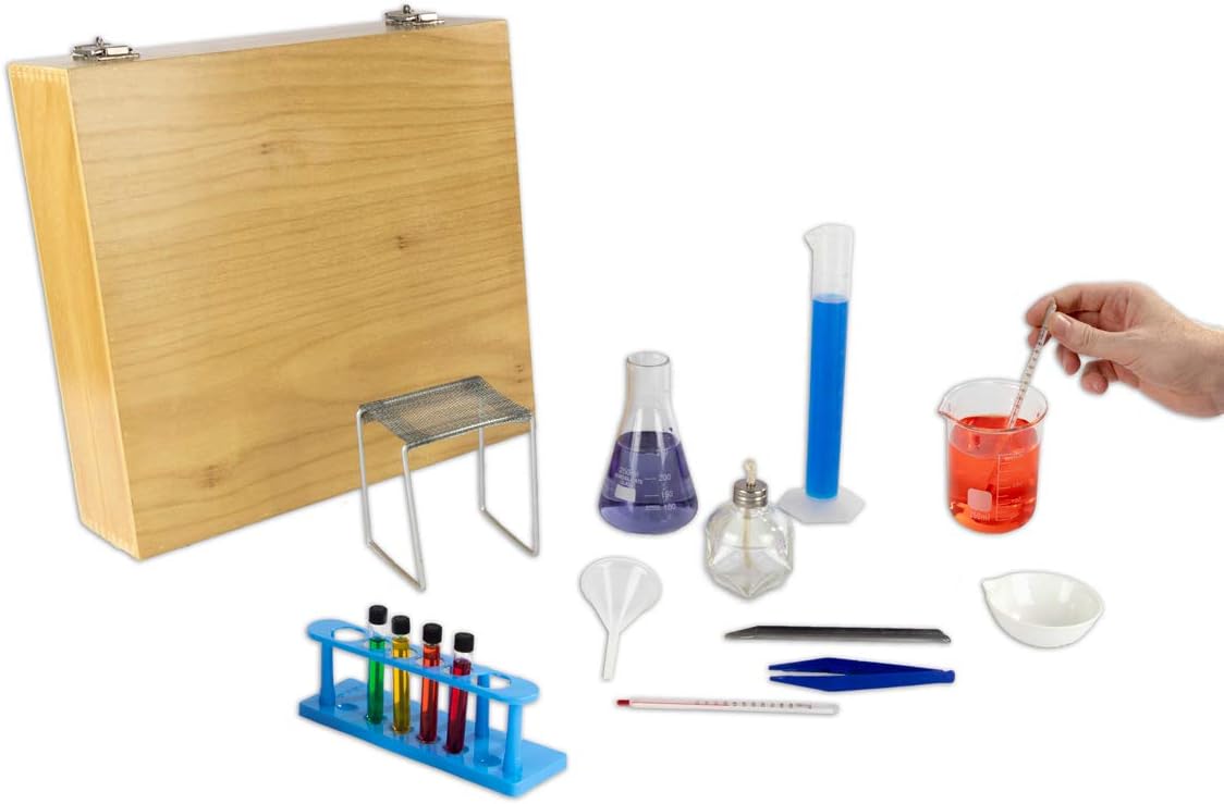 Complete Chemistry Labware Kit with a Wood Case | 16 Piece Set | Includes an Activity Book | Become A Real Scientist Today