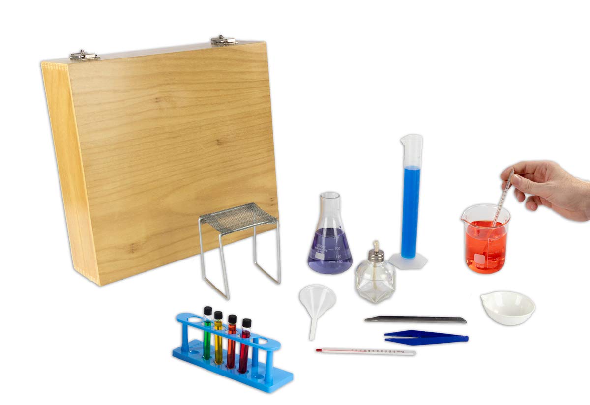 Complete Chemistry Labware Kit with a Wood Case | 16 Piece Set | Includes an Activity Book | Become A Real Scientist Today