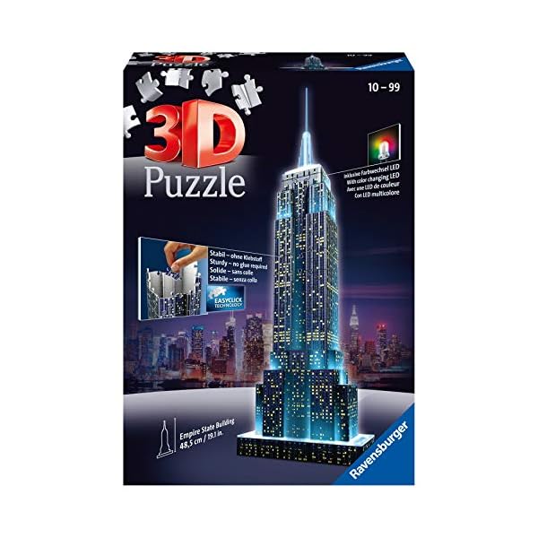 Ravensburger 3D Puzzle 12566 - Empire State Building Night Edition - eines der bekanntesten Wahrzeichen von New York - LED beleuchtetes Gebäude - ab 10 Jahren