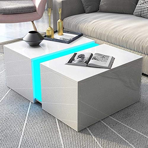 Wonderlife Coffee Table High Gloss Tea Table with 1 Drawer White Side End Table for Living Room Rectangle Furniture with Acrylic Decoration and 12 Colors Led Light