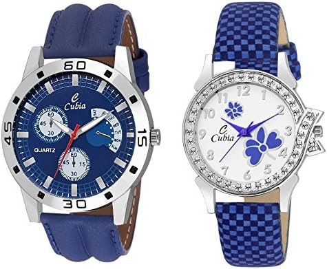 Cubia Quartz Movement Analogue Blue Dial Studded Couple Watch - Set of 2