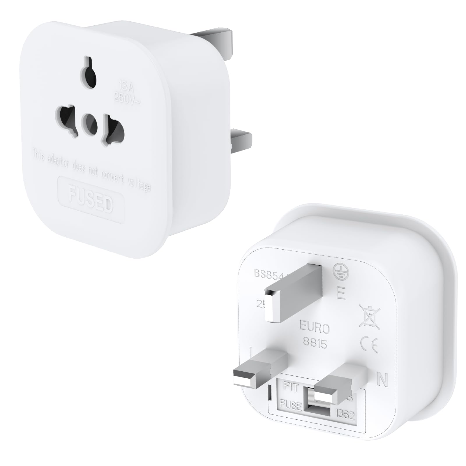 US to UK Plug Adapter 2 Pin to 3 Pin Travel Adaptor 2 Pack,13A 250V Global Appliance Converter Plug for the Visitor from USA, EU, Australia, Thailand, Canada, Japan(Type A, B, C, I, E, F, L)