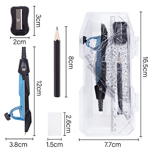 HAKACC Geometry Compass Set, 8PCS Maths Compass Drawing Compass with Rulers Pencil Eraser Sharpener Storage Case for Stationery School Engineers Drafting