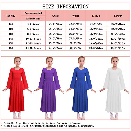 MYRISAM Kids Girls Praise Dance Robe Liturgical Solid Color Bell Sleeve Dress Full Length Loose Fit Worship Costume White 8-9T - Thumbnail 5