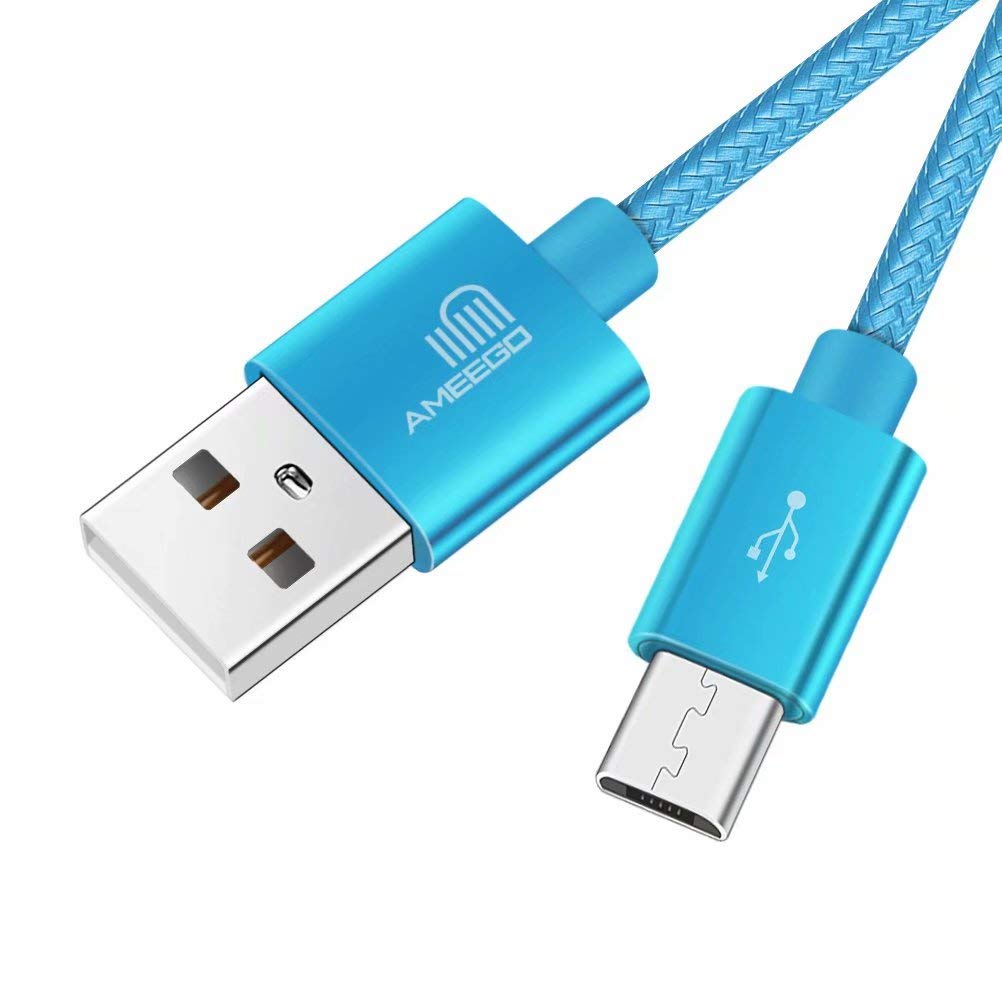 ameego 3.1amp fast charging Strong Nylon Braided Tangle-Free Micro USB Data Charge Cable for Samsung, HTC, Nokia, Sony, Kindle, PS4, Speaker, Power bank and More Micro USB Devices 10ft (Light Blue)