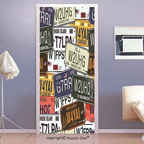 Niasjnfu Chen custom made 3d Door Wall Mural Wallpaper Original Retro License Plates Personalized Gifts Creative Travel Collections Art Multi ColorFor Room Decor 30x79