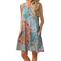 Women Sleeveless Damask Print Floral Casual T Shirt Dress with Pockets (XL, Color 1)