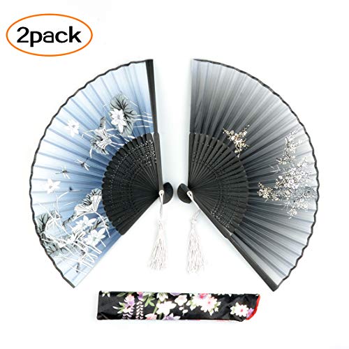 Umikk Hand Held Folding Fan, 2 Pack Craft Silk Fan with Bamboo Frame and Elegant Tassel - Thumbnail 7