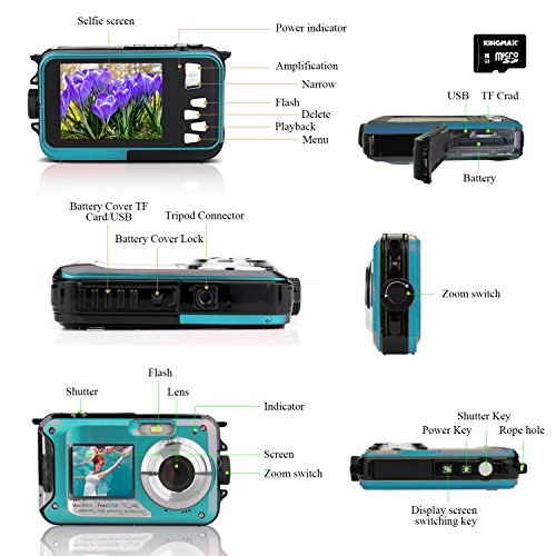 Waterproof Point and Shoot Digital Cameras,24MP 1080P Dual Screen Underwater Sports Action Video Recorder Cameras-Blue