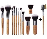 EmaxDesign Makeup Brush Set Professional 12 Pieces Bamboo Handle Premium Synthetic Kabuki Foundation Blending Blush Concealer Eye Face Liquid Powder Cream Cosmetics Brushes Tool Kit With Bag