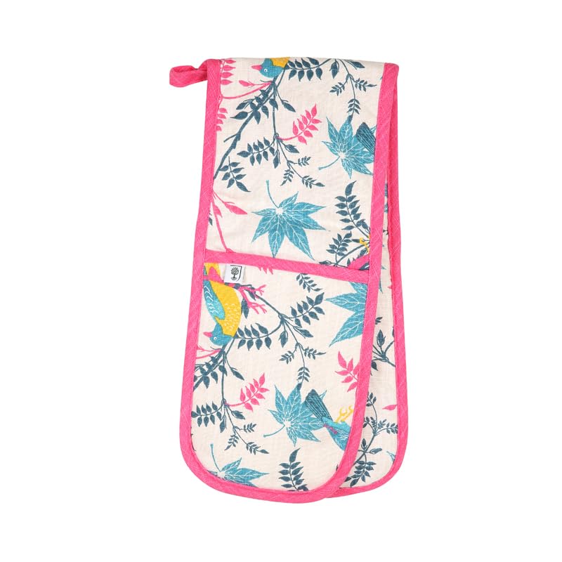 RHS - Oven Gloves, Insulated and Heat Resistant, Double Oven Glove Mitts, Organic Cotton, Stone with Botanical Bird Design