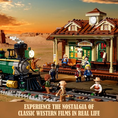 Funwhole Wild West Train Station Lighting Building-Bricks Set - 1975 Pcs Collectible Train Playset for Adults and Teens
