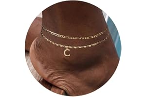 AGWOLF Initial Letter Ankle Bracelets Set for Women 14K Gold Plated Layered Waterproof Anklets Figaro Chain Rhinestone Dainty Anklet Set Adjustable Size Summer Beach Jewelry for Women