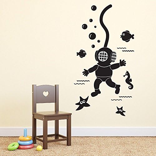 Wallency Nursery Vinyl Wall Art Decal featuring a Scuba Diver, Fish, Seahorse and Starfish - High Quality Removable Vinyl Sticker