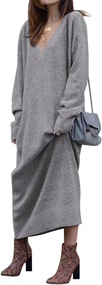 WLLW Women Casual Knitted Long Sleeve V Neck Sweater Dress Long Dress Maxi Dress