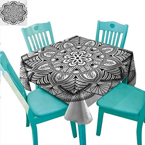 WilliamsDecor Mandala Square Polyester Tablecloth Ringed Ethnic Floral Pattern with Ornate Tile and Lines Boho Circle Art Motif Great for Buffet Table 70" Wx70 L Black White