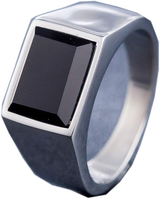 Quoouz Mens Simple Black Onyx Square Titanium Steel Ring