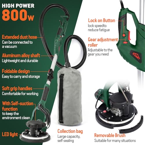 KUIMIT Drywall Sander, 850W Electric Sander with 12 Pcs Sanding Discs, 6 Variable Speed 800-1750 RPM Wall Sander with Extendable Handle, LED Light, Long Dust Hose, Storage Bag